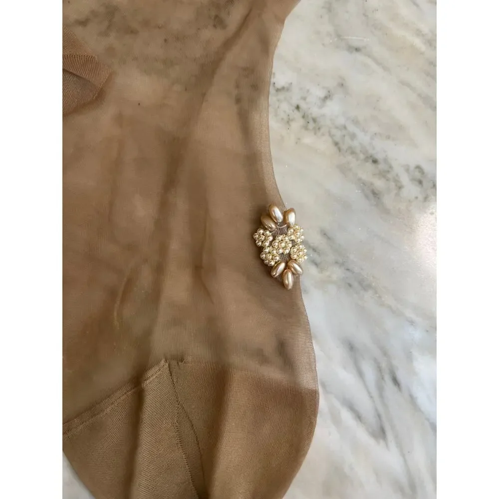 Vintage Christian Dior Miss Dior Pearl Embellished Stockings Sheer Nude